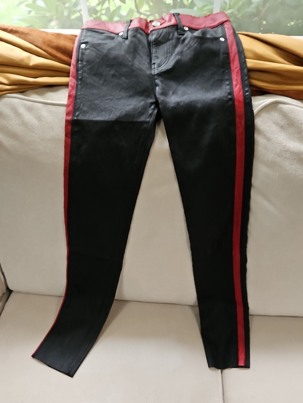 RtA Black Lambskin Leather Skinny Jeans with Red Side Stripes